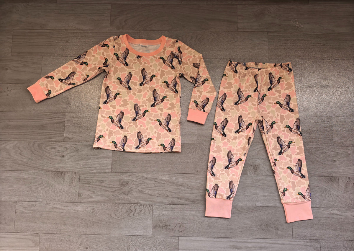 ( No moq ) Preorder Baby Girls Kids Ducks Camo Shirt Pants Set Pajamas Hunting Clothes