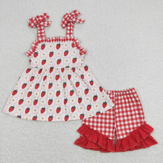 Baby Girl Strawberry Floral Tunic Red Plaid Ruffle Shorts Summer Set