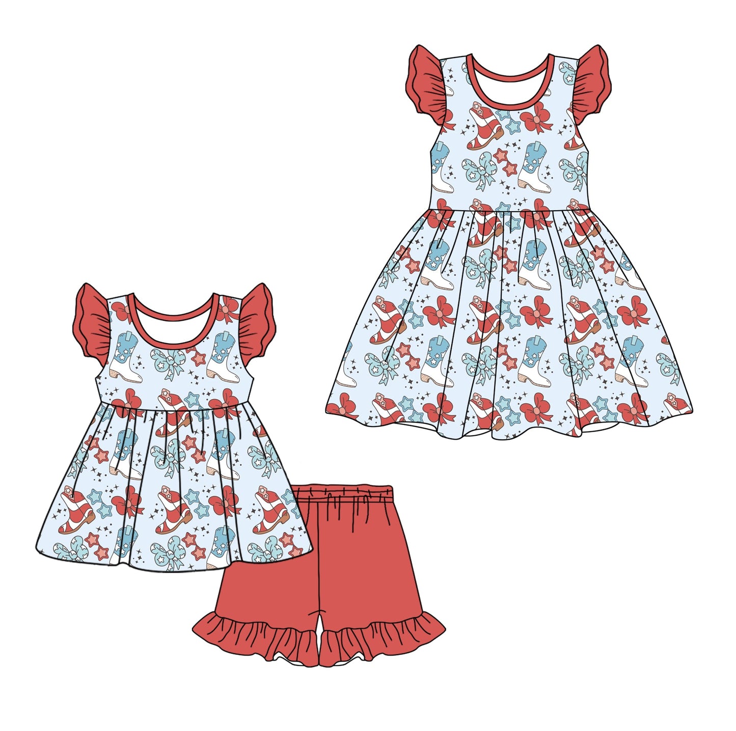 Baby Girl July 4th Boots Bows Sibling Dress Set ( Moq 5 Each Style ) 1.7