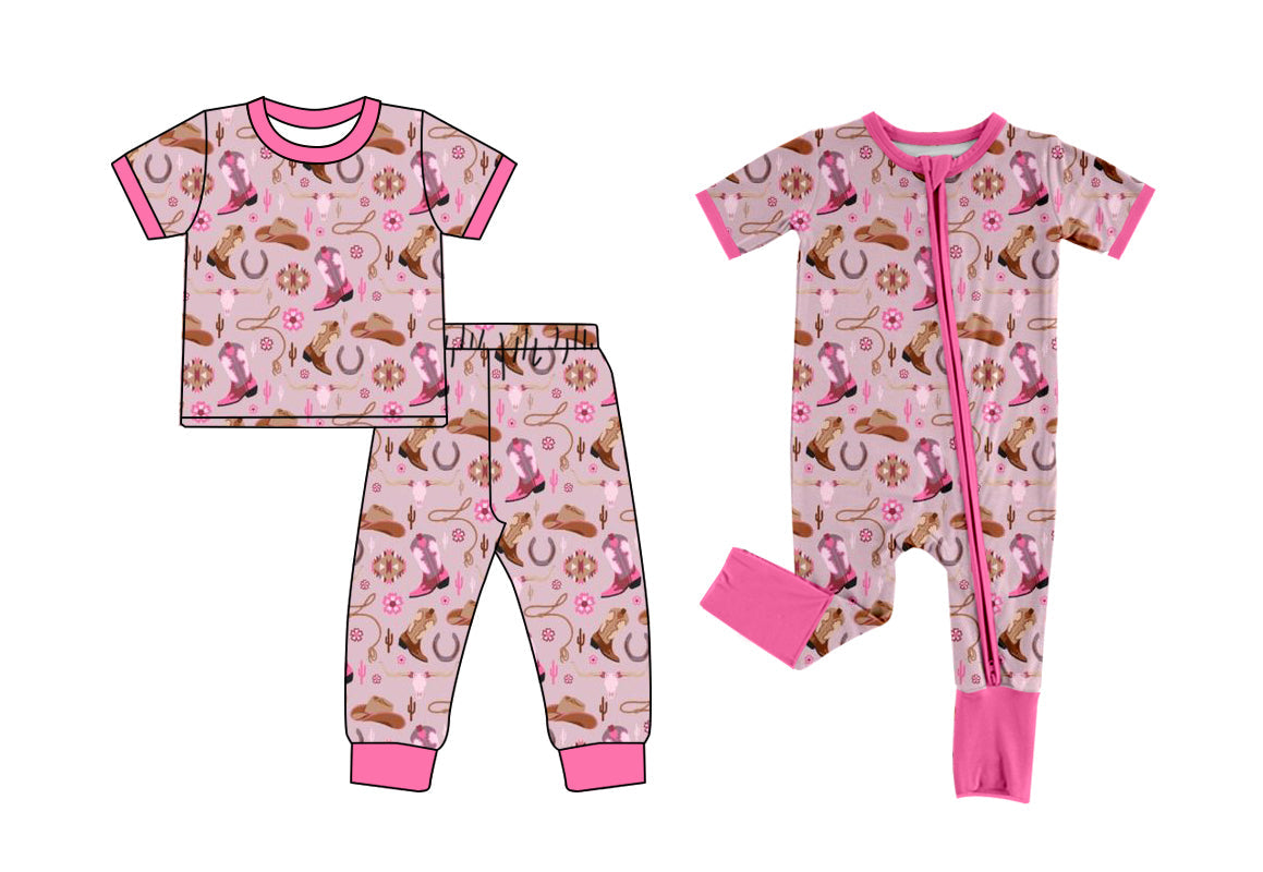 Baby Girl Short Sleeves Western Boots Pink Sibling Romper Dress Set ( Moq 5 Each Style ) 12.20