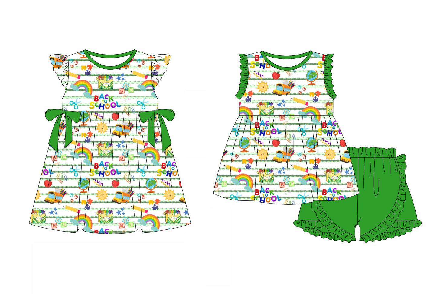 Baby Girl Back To School Bus Rainbow Green Sibling Dress Set ( Moq 5 Each Style ) 1.2