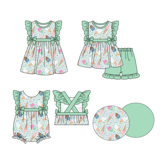( Moq 5 Each Style ) Baby Girl Short Sleeves Ice Cream Sibling Green Romper Dress Set 3.27