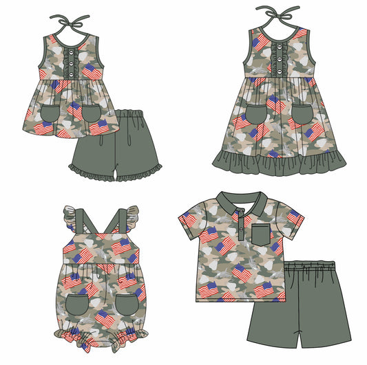 Baby Boy Girl Sibling Camo Flag Dress Romper Clothes Set ( Moq 5 Each style )11.23