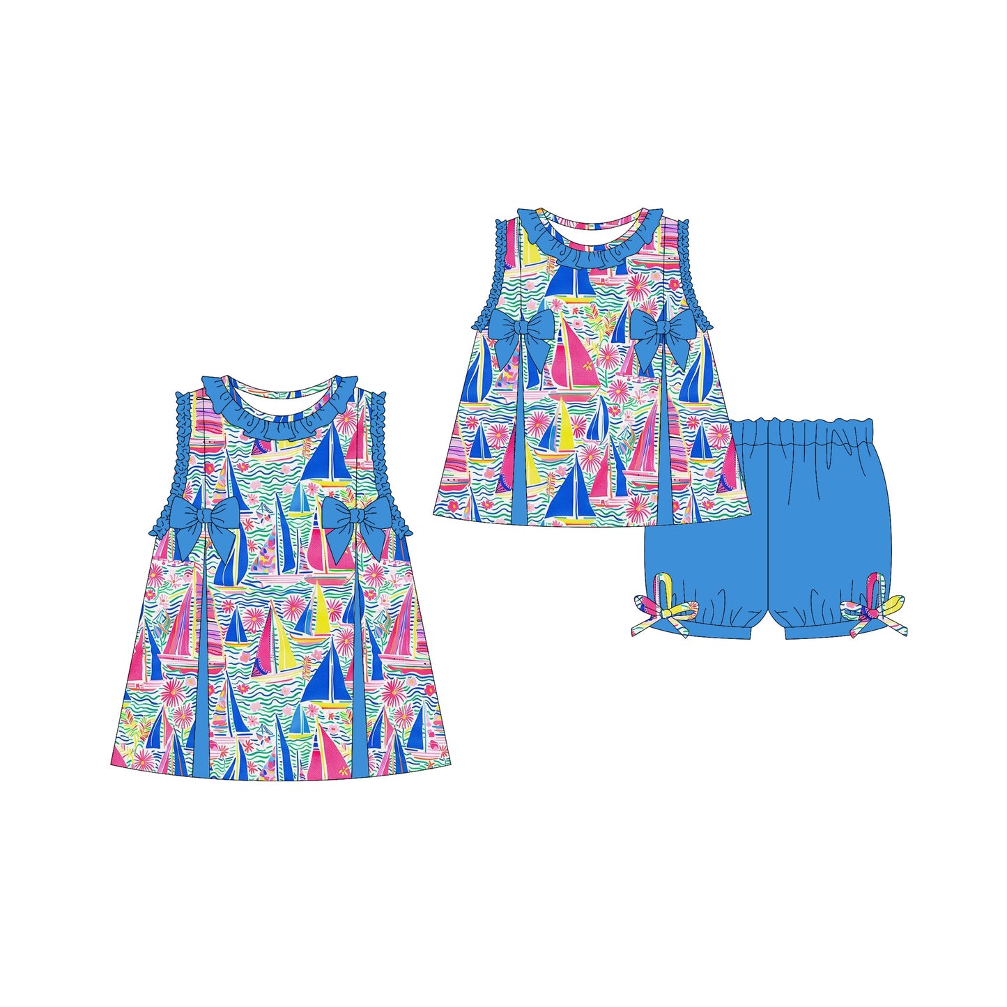 ( Moq 5 Each Style ) Baby Girl Sleeveless Blue Bows Boats Flower Sibling Dress Set 3.22