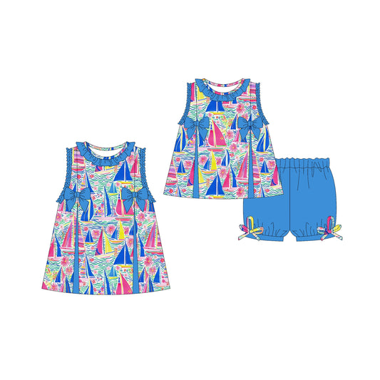 ( Moq 5 Each Style ) Baby Girl Sleeveless Blue Bows Boats Flower Sibling Dress Set 3.22