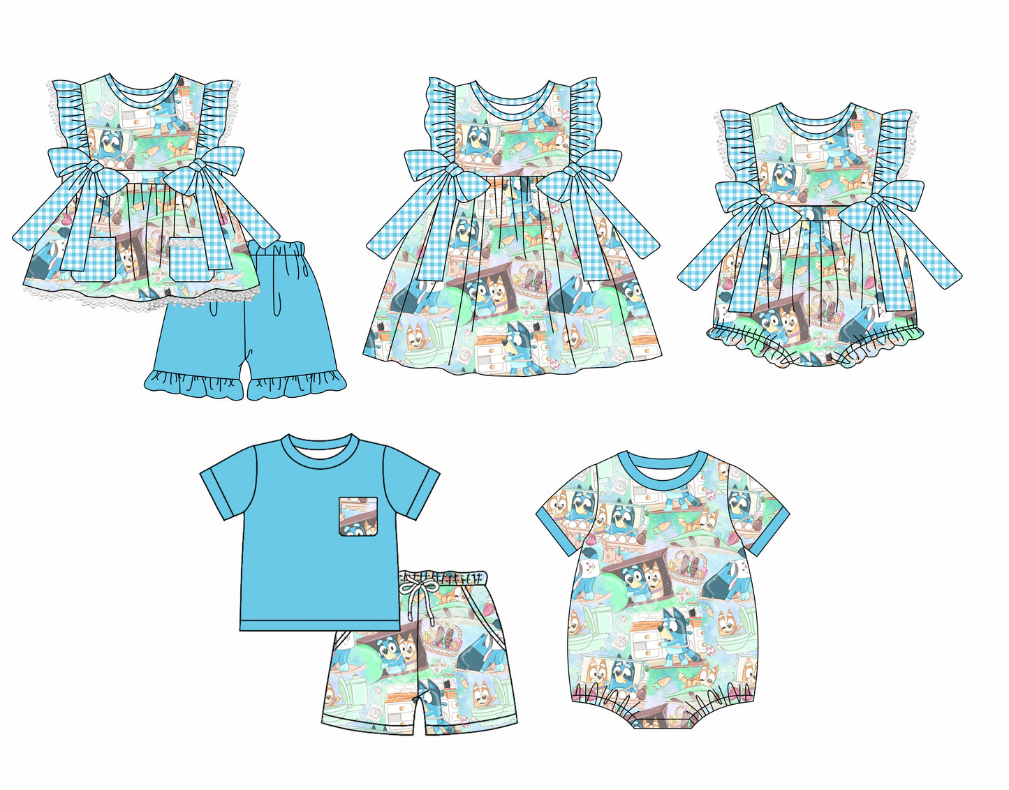 Baby Boy Girl Short Sleeves Easter Dogs Sibling Green Dress Romper Clothes Set ( Moq 5 Each style )12.3