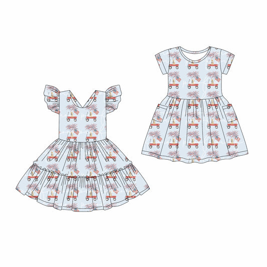 ( Moq 5 Each Style ) Baby Girl Short Sleeves 4th Of July Cars Sibling Dress 4.17