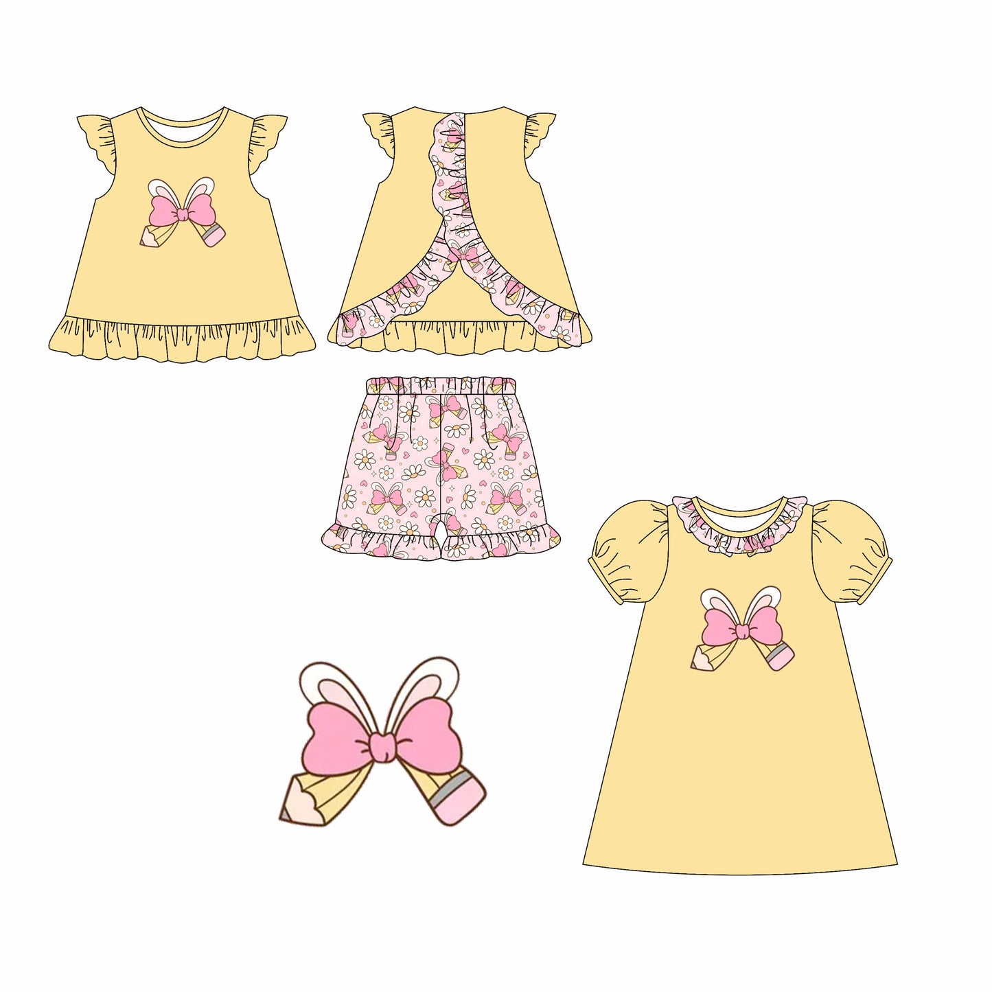 Baby Girl Back To School Pencil Bow Yellow Sibling Dress Set ( Moq 5 Each Style ) 2.12