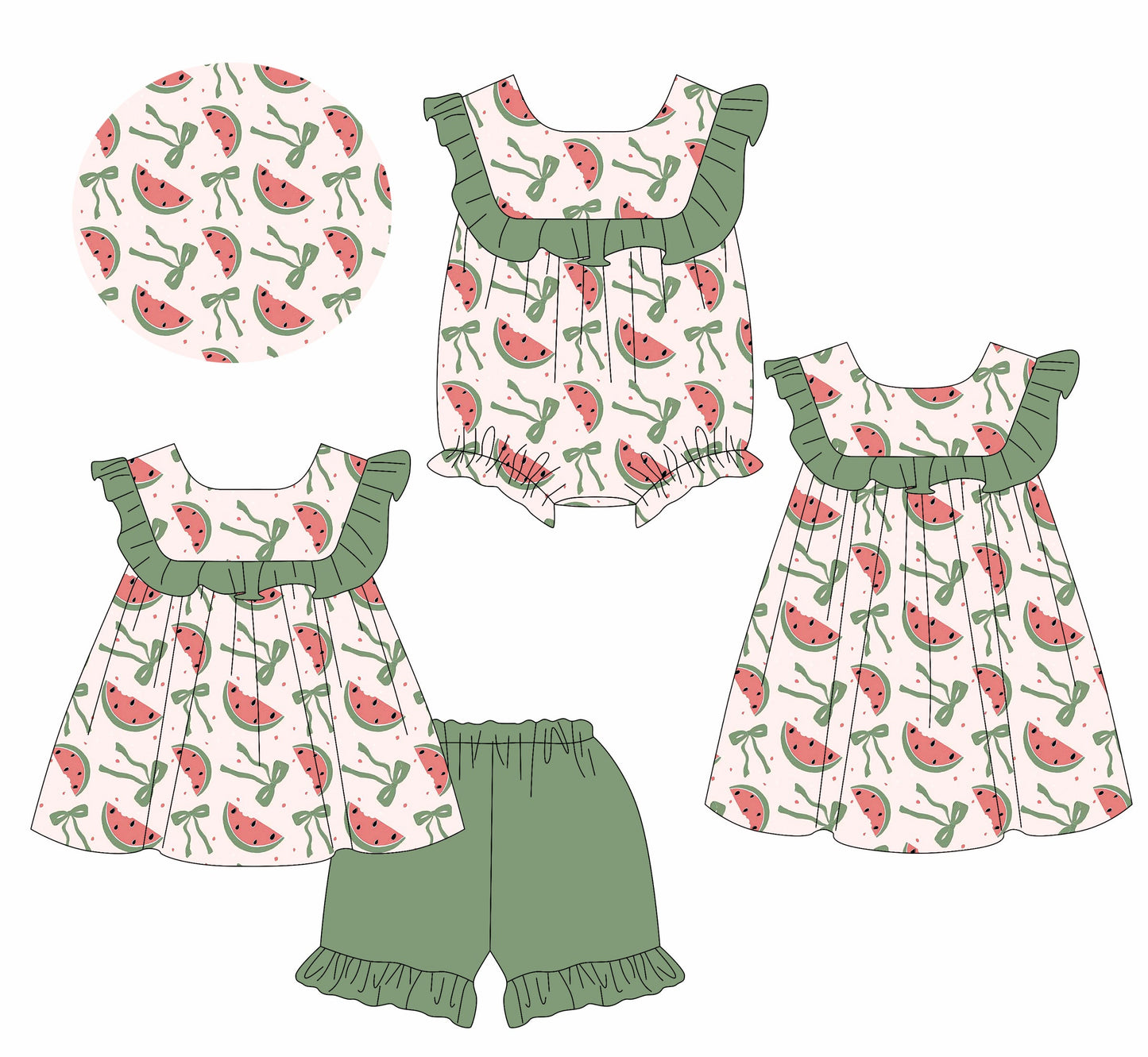Baby Girl Short Sleeves Watermelon Bows Sibling Romper Dress Set ( Moq 5 Each Style ) 3.20