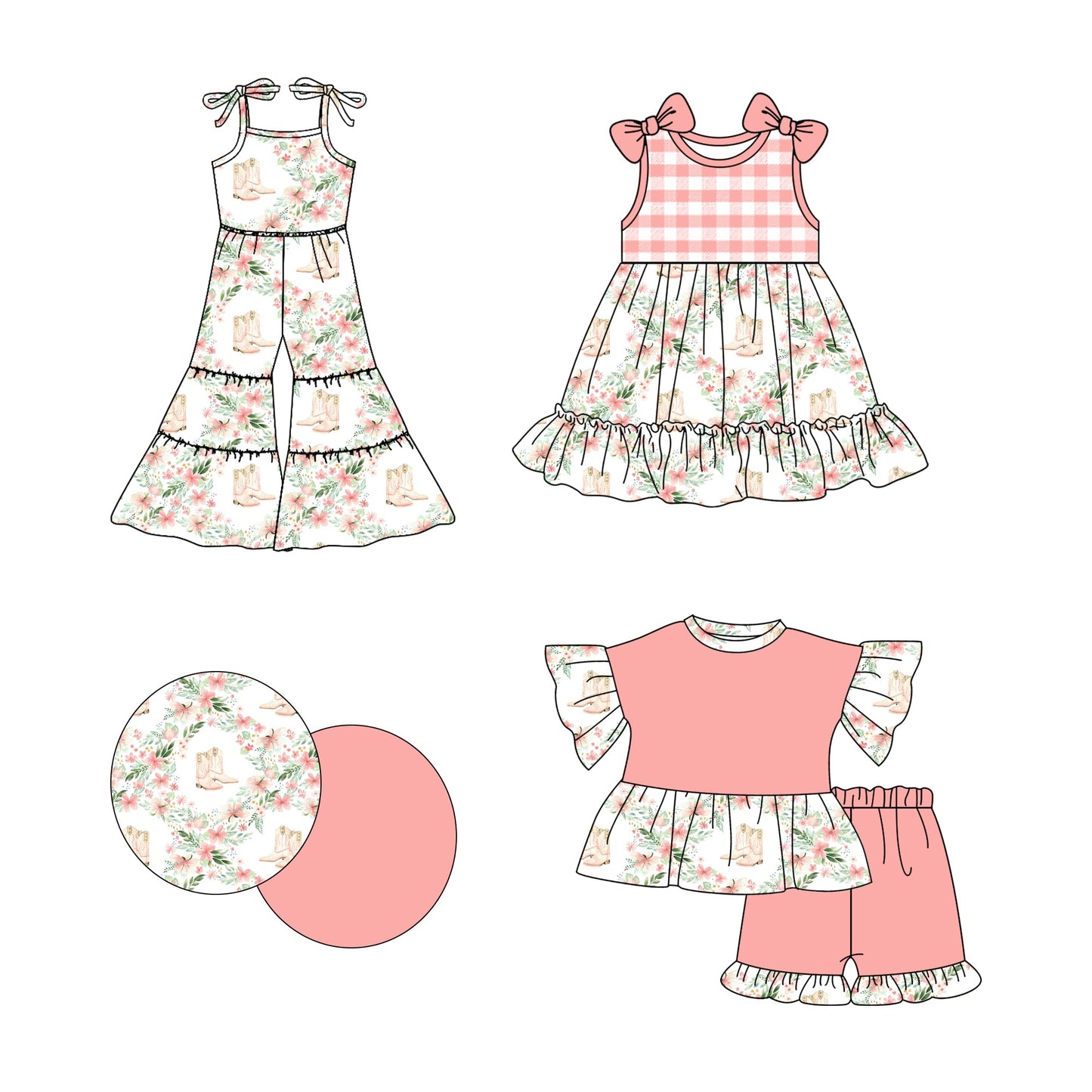 Baby Girl Western Boots Flower Sibling Jumpsuit Dress Set ( Moq 5 Each Style ) 2.19