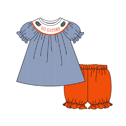 Baby Girl Short Sleeves Crocodile Plaid Tops Orange Shorts Team Set