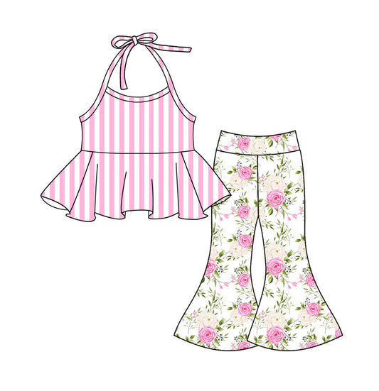 Baby Girl Stripes Tops Flower Bell Pants Set ( Moq 5 ) 12.31