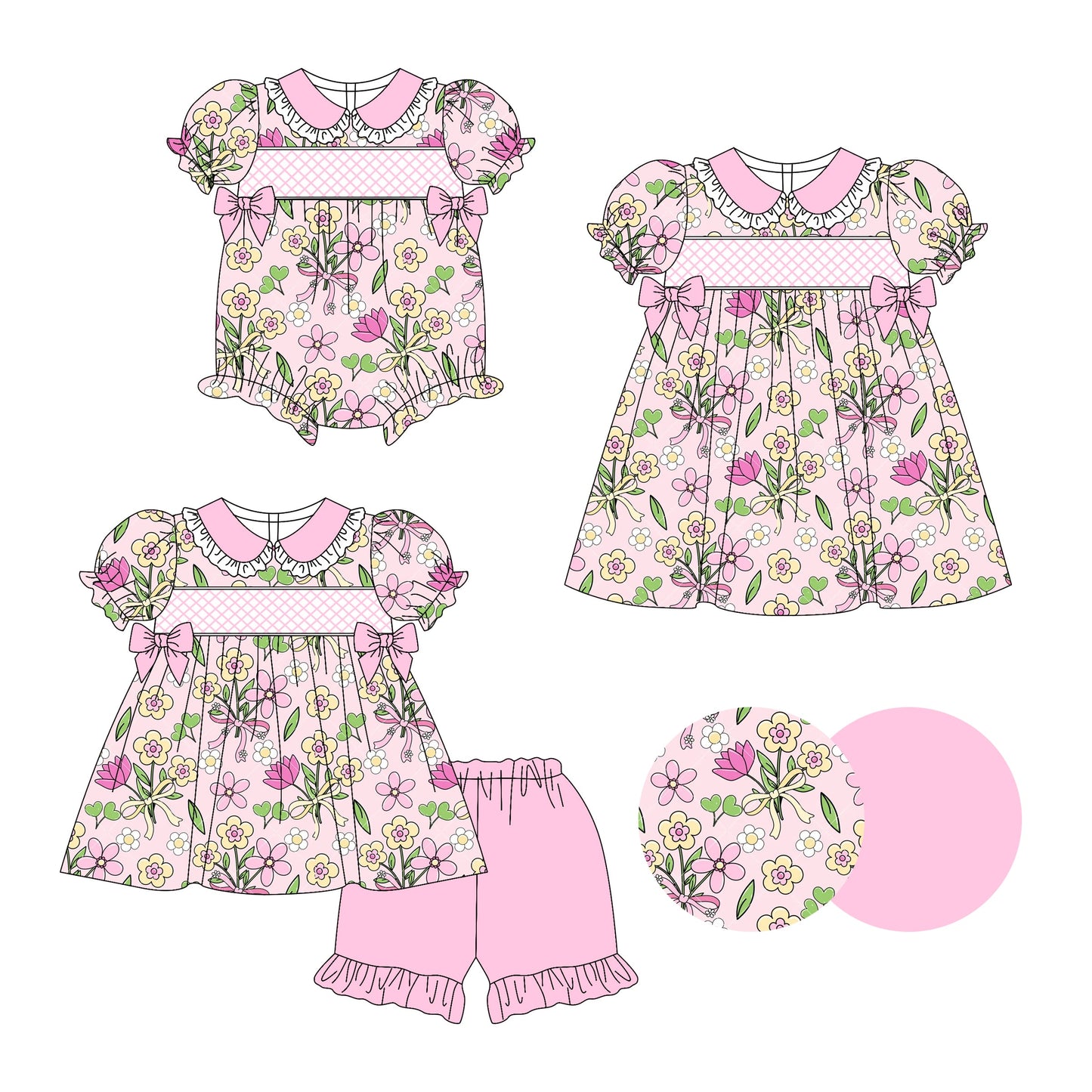 Baby Girl Short Sleeves Flower Pink Bows Sibling Romper Dress Set ( Moq 5 Each Style ) 3.14