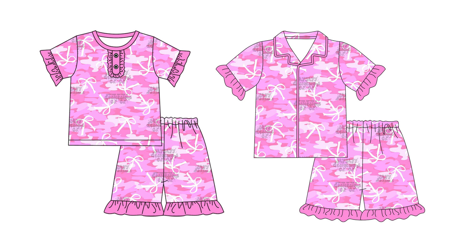 Baby Girl Short Sleeves Bows Camo Pink Sibling Pajamas Set ( Moq 5 Each Style ) 12.19