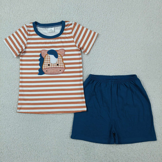Baby Boys Short Sleeves Embroidery Horse Stripes Shirt Navy Shorts Summer Clothes Set RTS