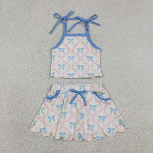 Baby Girls Kids Straps Bows Tops Pockets Skirt Shorts Yoga Set RTS