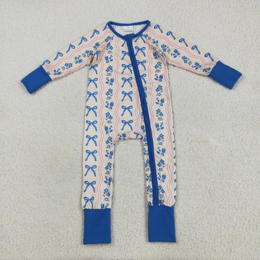 Baby Girl Long Sleeves Blue Bows Flower Zipper Romper RTS