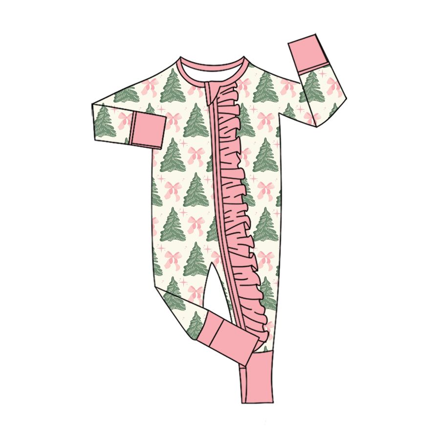 ( Moq 5 ) Preorder Baby Girls Kids Tree Bows Pink Ruffle Zipper Sleeper Footie Romper Christmas Clothes