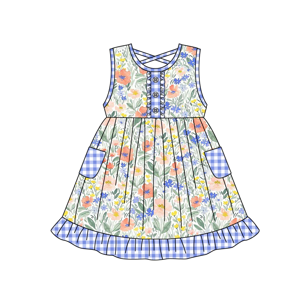 Moq 3 Pre-order GSD1009 Baby Girl Sleeveless Floral Pocket Blue Dress