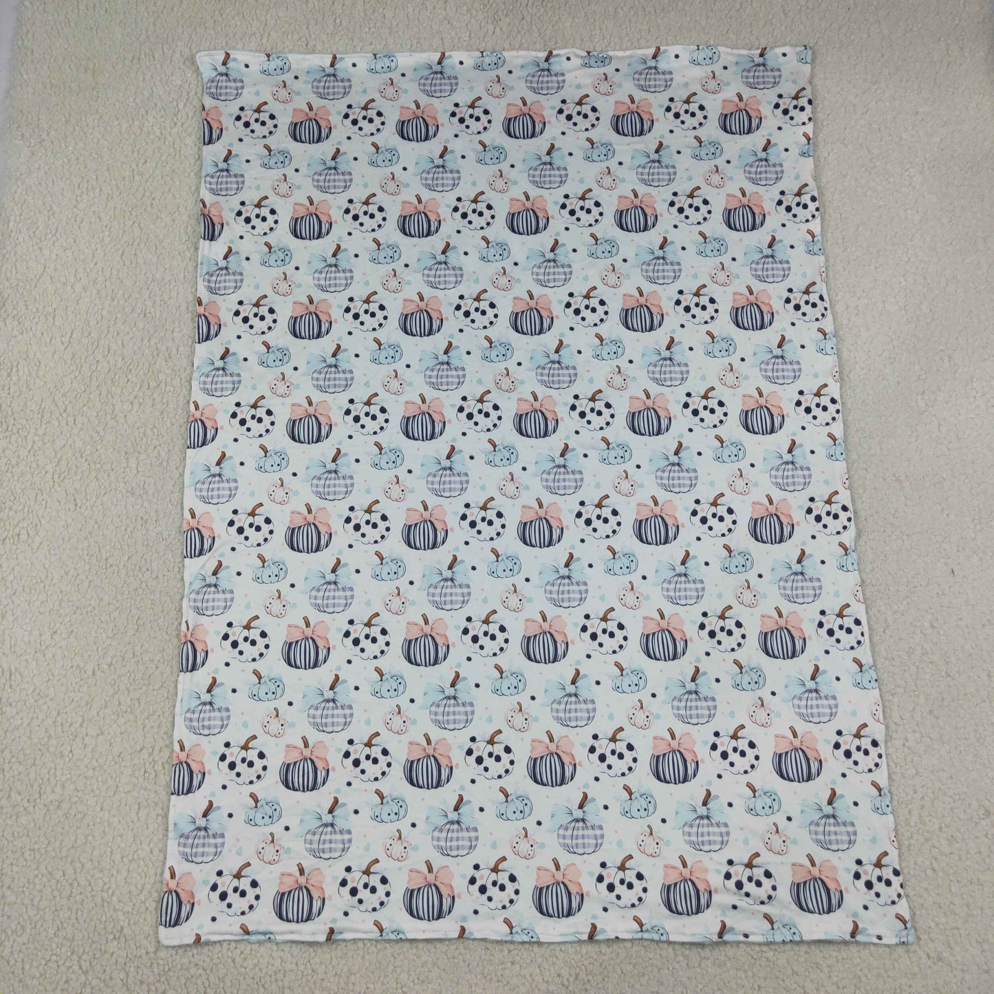 Baby Girls Kids Pumpkins Bows Fall Blue Blanket RTS