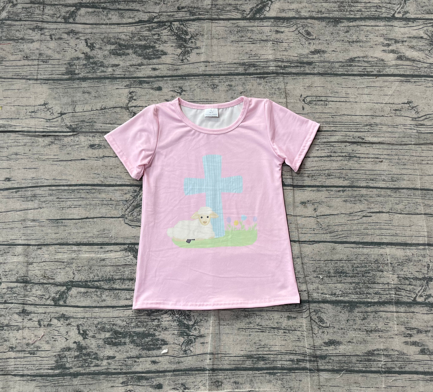 ( No moq ) Preorder Baby Girls Short Sleeves Cross Easter Pink Shirt Tops
