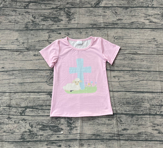 ( No moq ) Preorder Baby Girls Short Sleeves Cross Easter Pink Shirt Tops