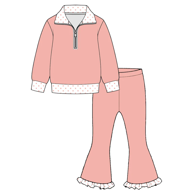 ( Moq 5 ) Preorder Baby Girls Kids Long Sleeves Zipper Shirt Pants Pink Set Clothes