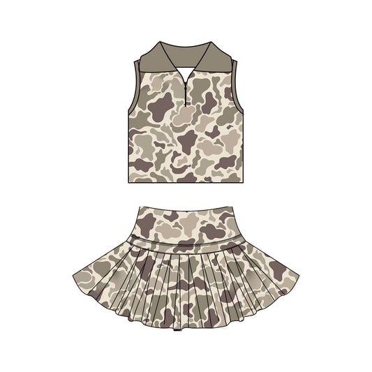 ( Moq 5 ) Preorder Baby Girls Kids Sleeveless Zipper Camo Shirt Skirt Shorts Yoga Set Clothes