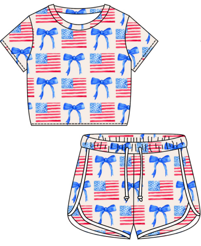 Baby Girl Short Sleeves July 4th Bows Flag Shirt Shorts Clothes Set Moq 5