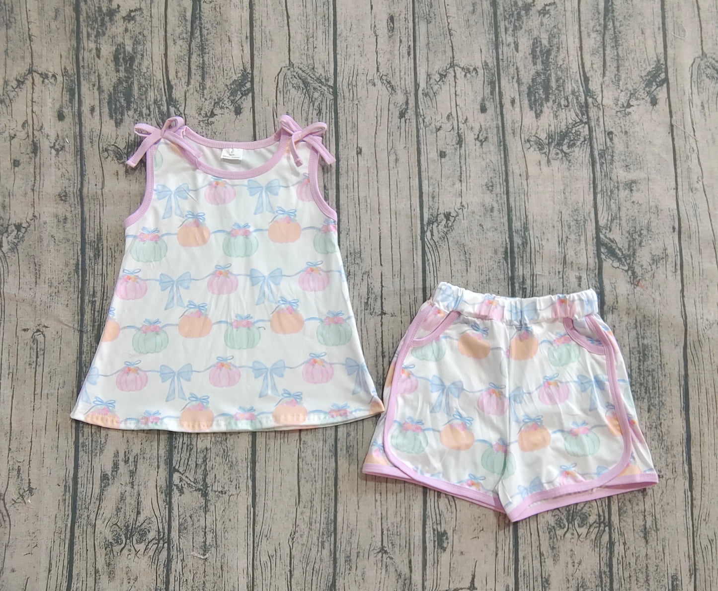 Baby Girl Sleeveless Pumpkin Bows Tunic Pockets Shorts Falll Set RTS
