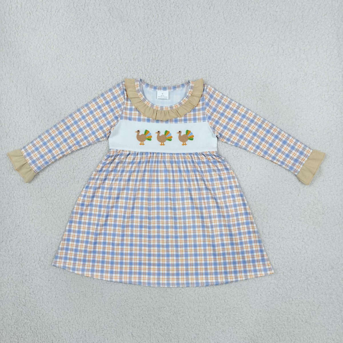 Baby Girls Kids Embroidery turkey Thanksgiving Plaid Knee Length Dress Clothes RTS