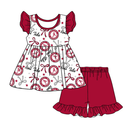 Baby Girl Short Sleeves Bows Tunic Red Shorts Team Clothes Set ( Moq 5 )