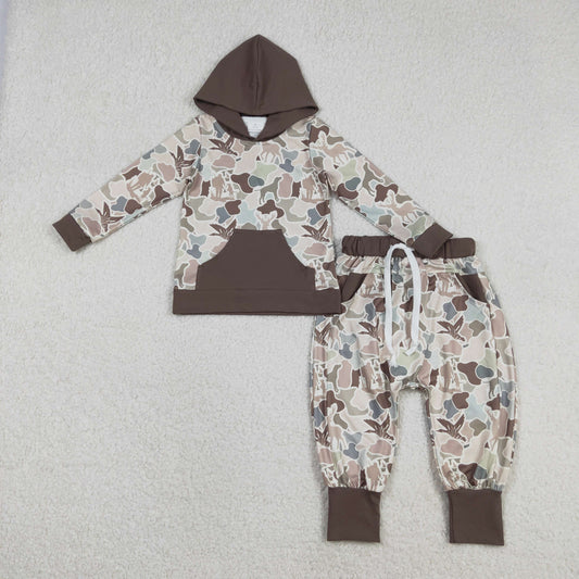 Baby Boys Long Sleeves Dogs Ducks Deer Camo Pocket Hoodie Shirt Pants Hunting Set RTS
