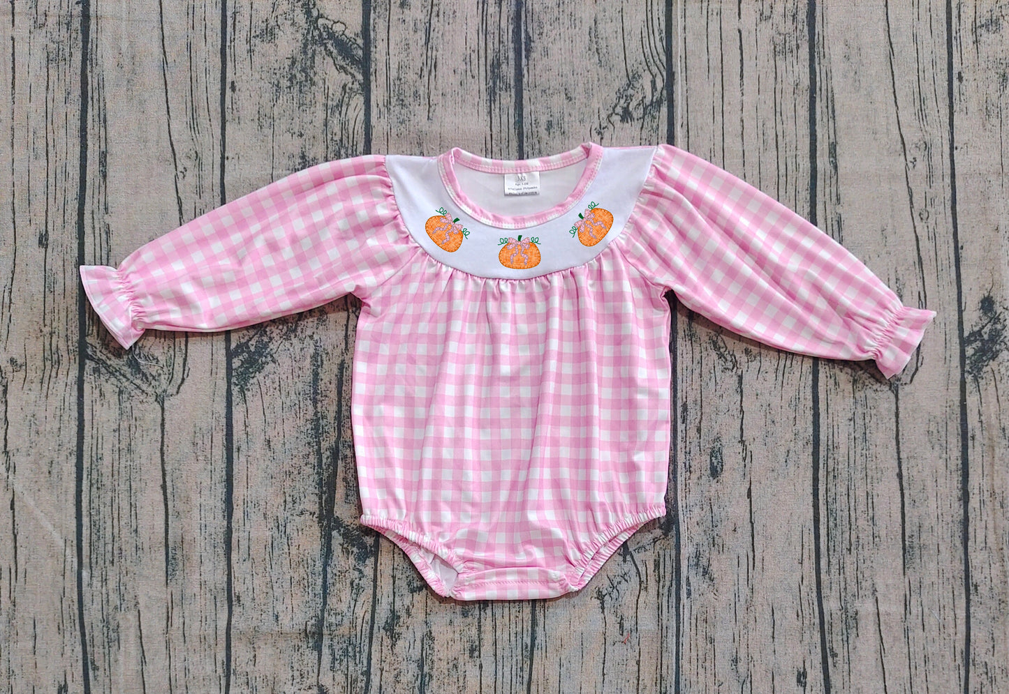 ( No moq ) Preorder Baby Girl Long Sleeves Embroidery Pumpkin Bows Pink Checked Romper
