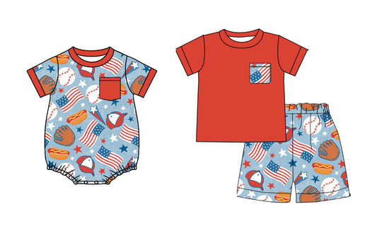 ( Moq 5 Each Style ) Baby Boys Kids Baseball Flags Shirt Shorts Sibling 4th of July Set Romper