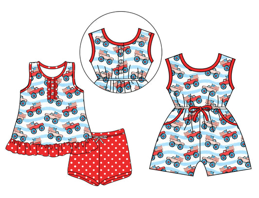 Baby Girl 4th Of July Flags Trucks Buttons Sibling Jumpsuit Set ( Moq 5 Each Style ) 3.15