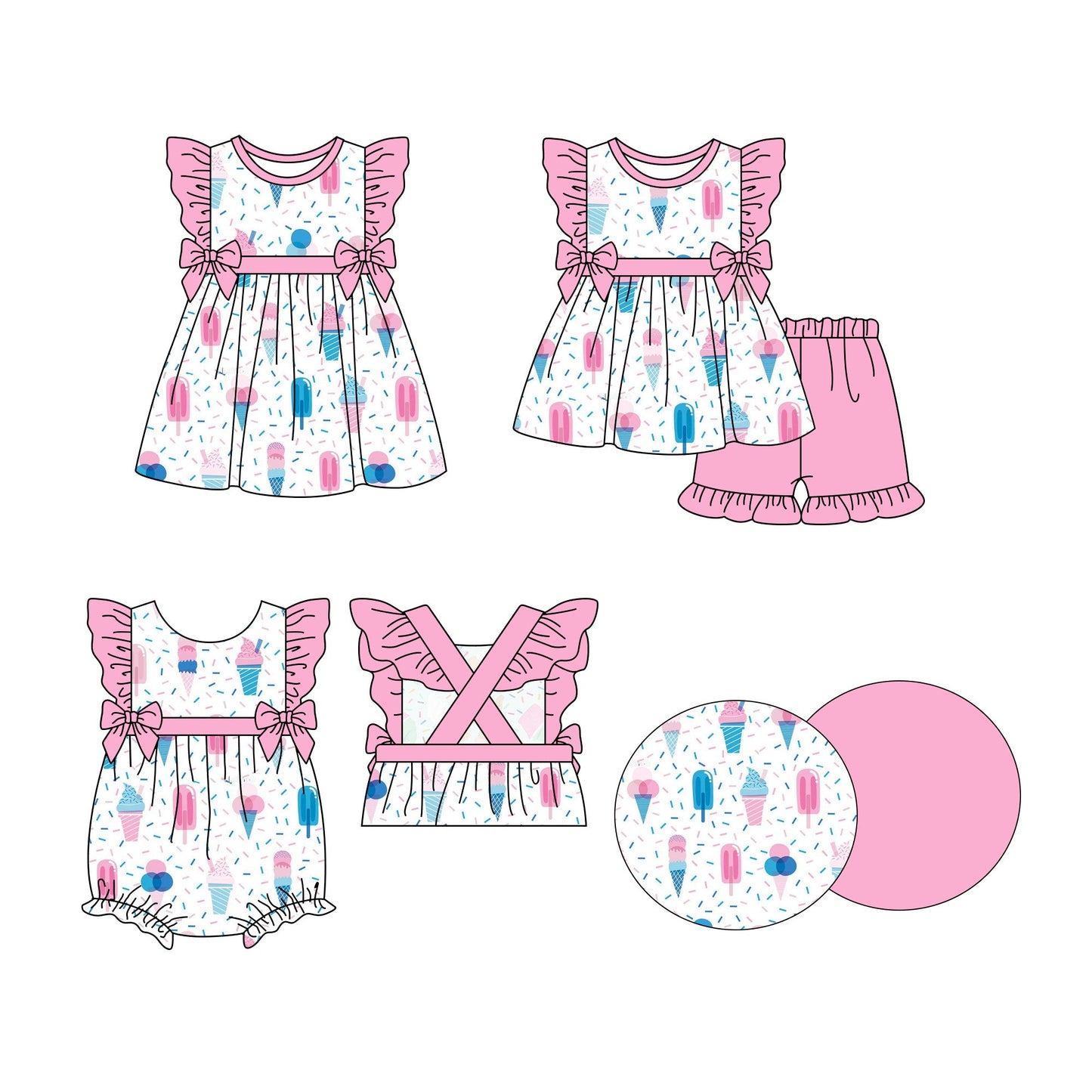 ( Moq 5 Each Style ) Baby Girl Short Sleeves Ice Cream Sibling Pink Bows Romper Dress Set 3.27