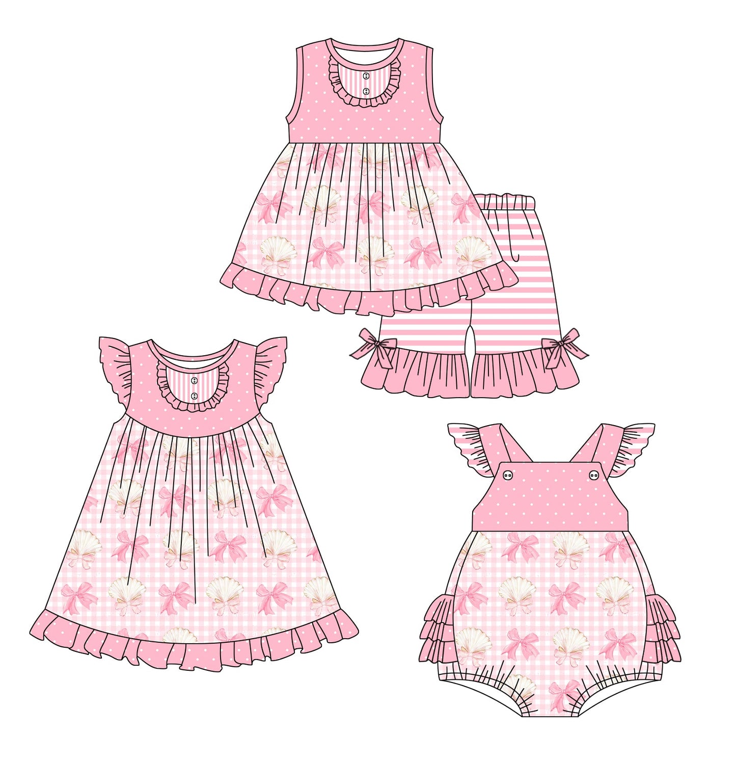 Baby Girl Shell Bows Sibling Romper Dress Set ( Moq 5 Each Style ) 1.2