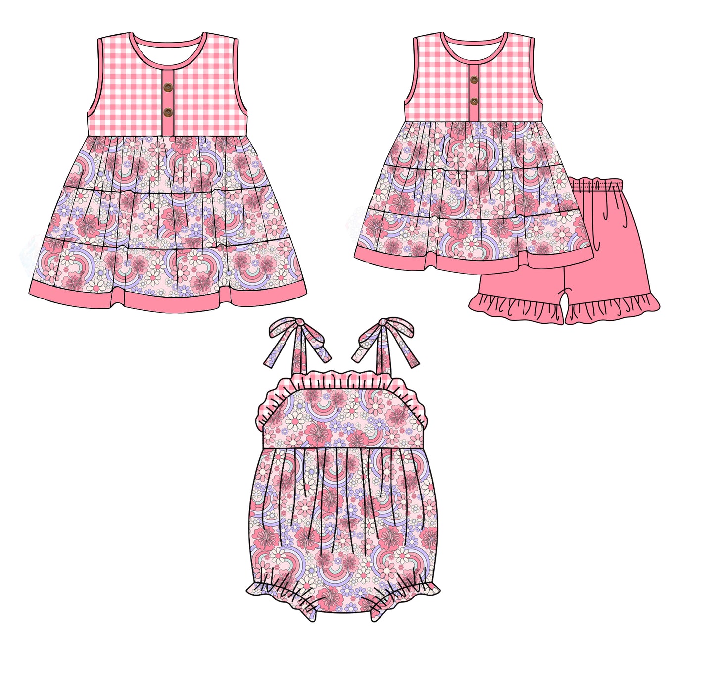 Baby Girl Sleeveless Flower Plaid Sibling Romper Dress Clothes Set ( Moq 5 Each Design )