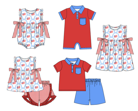 Baby Boy Girl Sibling July 4th Bows Flag Dress Romper Clothes Set ( Moq 5 Each style )11.22
