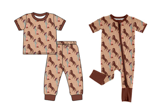 Baby Kids Short Sleeves Western Horse Cactus Sibling Romper Dress Set ( Moq 5 Each Style ) 12.20
