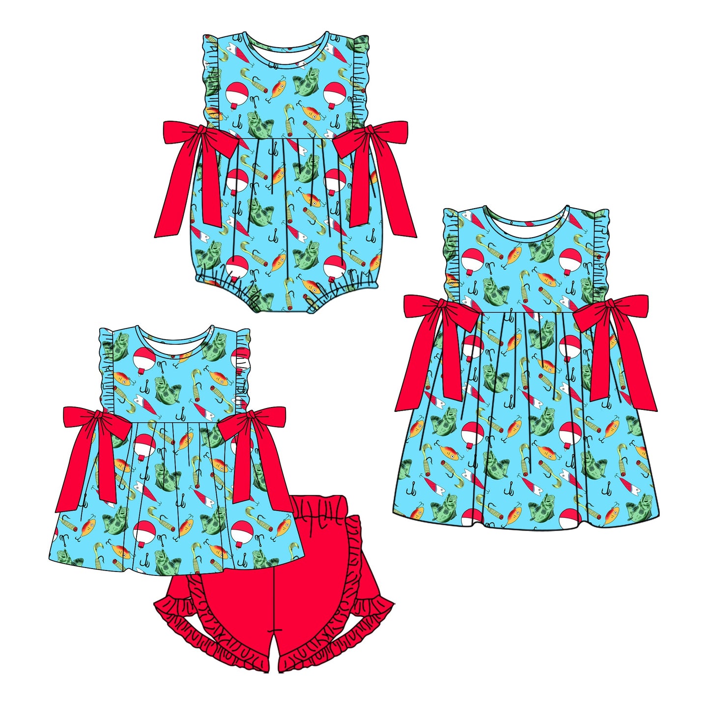 Baby Girl Fishing Bows Sibling Romper Dress Set ( Moq 5 Each Style ) 12.28