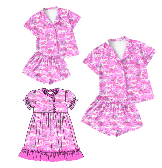 Baby Girl Adult Women Pink Camo Bows Sibling Pajamas Dress Set ( Moq 5 Each Style ) 1.11
