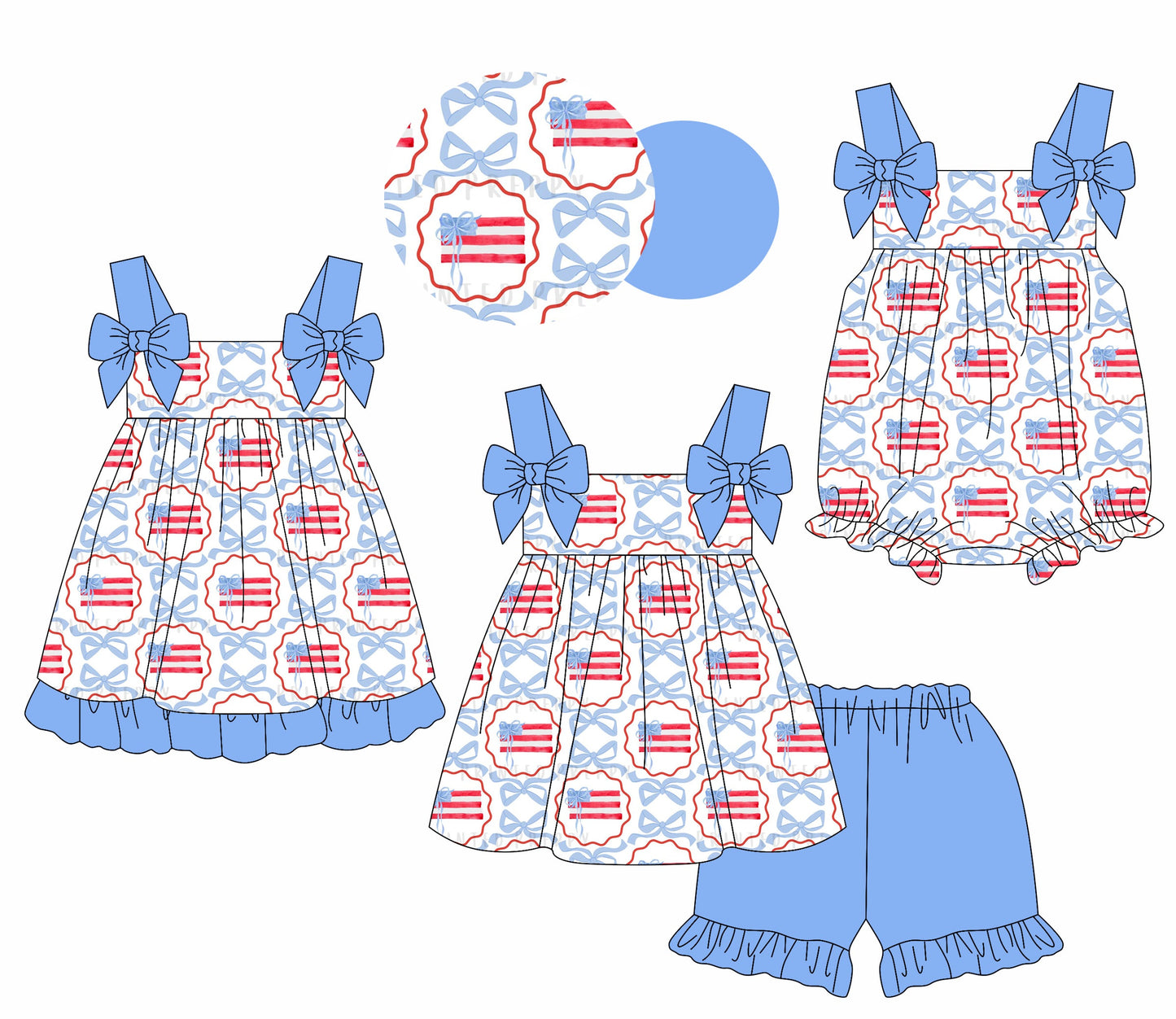Baby Girl July 4th Blue Bows Flags Sibling Romper Dress Set ( Moq 5 Each Style ) 1.17