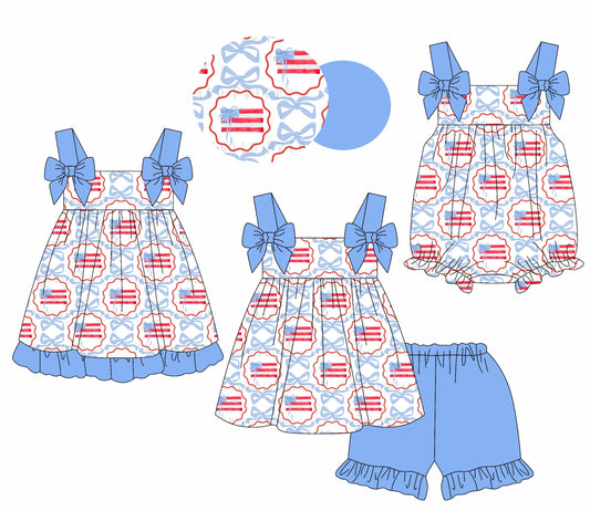Baby Girl July 4th Blue Bows Flags Sibling Romper Dress Set ( Moq 5 Each Style ) 1.17