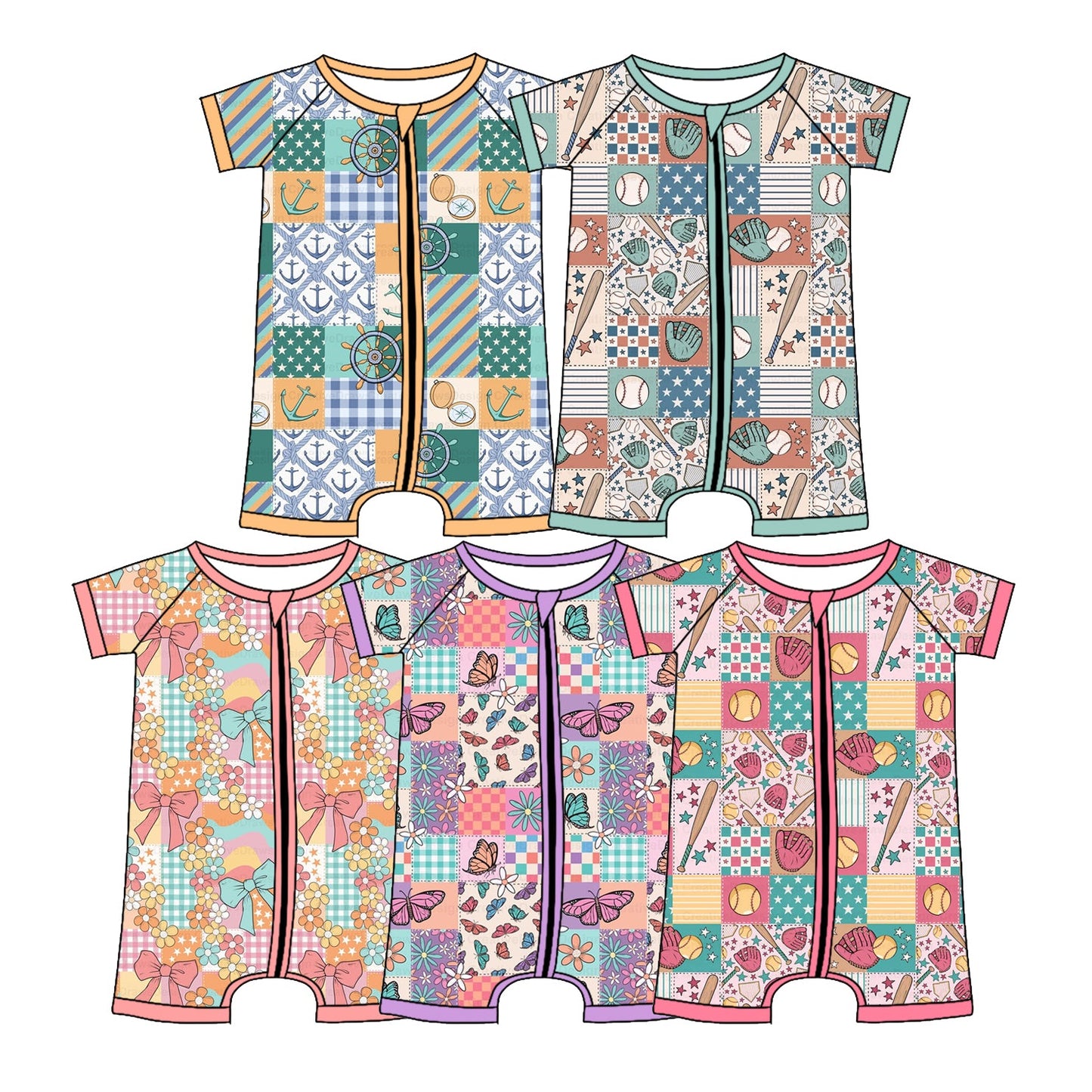 Baby Boy Girl Short Sleeves Baseball Flower Bows Sibling Romper ( Moq 5 Each Style ) 3.4