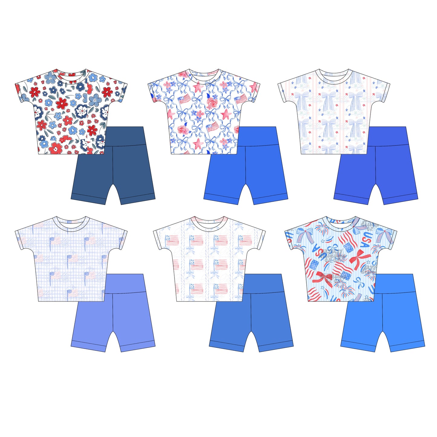 ( Moq 5 Each Style ) Baby Girl Short Sleeves Flags Flower Bows 4th Of July Sibling Set 3.24