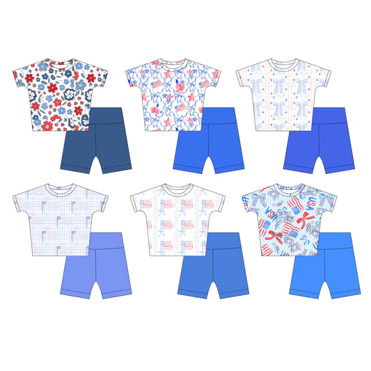 ( Moq 5 Each Style ) Baby Girl Short Sleeves Flags Flower Bows 4th Of July Sibling Set 3.24