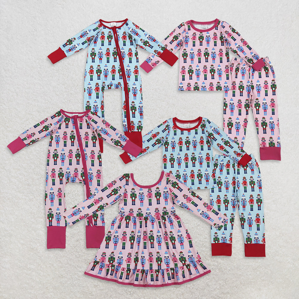 Sibling Boys Girls Long Sleeves Soldier Christmas Pajamas Zipper Romper Set Clothes RTS