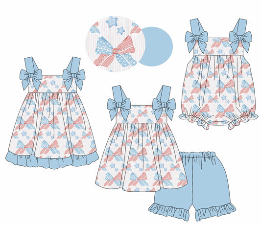 Baby Girl Straps July 4th Stars Bows Sibling Romper Dress Set ( Moq 5 Each Style ) 2.11